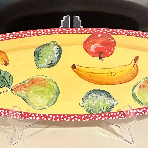 NEW DROLL DESIGNS Long Fruit Platter Tray Red Polka Dot Rim Handpainted signed